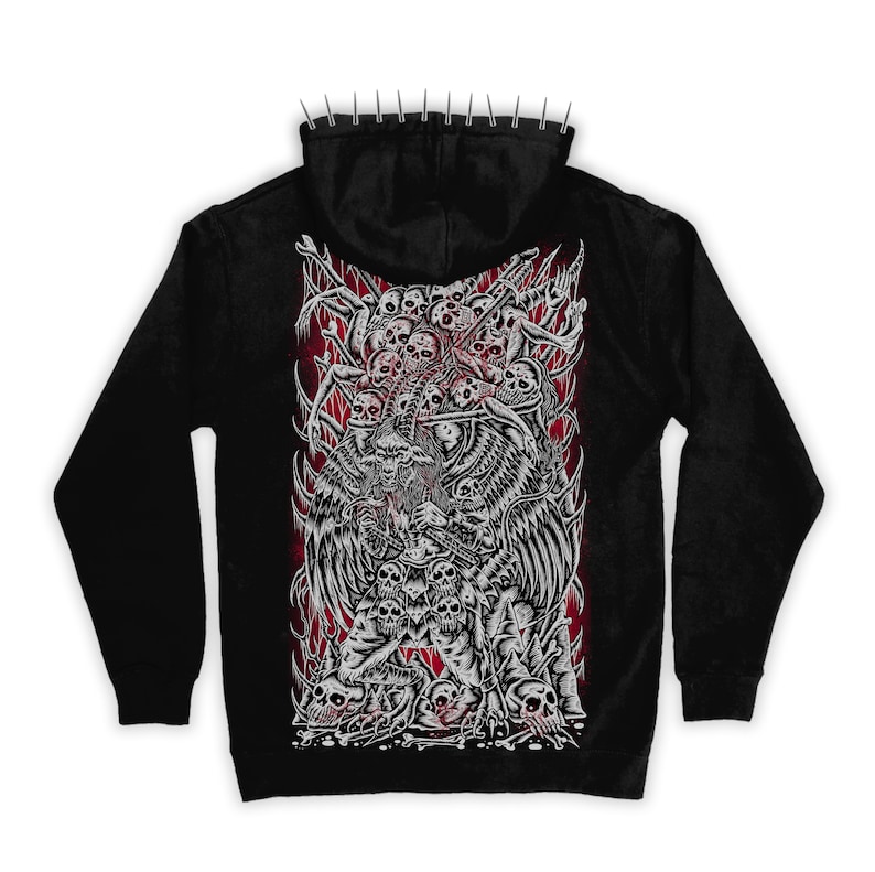 May include: Black hooded sweatshirt with a graphic print of a skeletal figure with wings surrounded by skulls and bones. The graphic is in shades of gray and white against a red background.