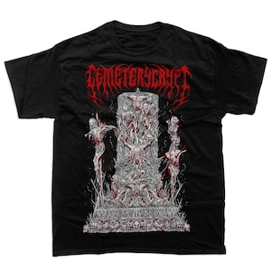 May include: Black t-shirt with a white and red graphic print of a tombstone with a skull and crossbones and the text "CEMETERYCRYPT".