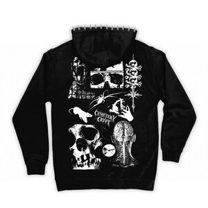 May include: A black hooded sweatshirt featuring a white graphic print on the back. The design includes skulls, a rat, a spider, a brain, and the text Cemetery Crypt. The hood edge is lined with a row of small, silver-colored metal spikes.