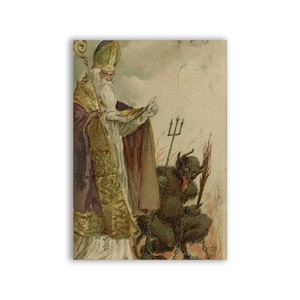May include: A vintage illustration depicting a religious figure in a purple and gold robe holding a staff, standing over a chained devil with a trident in a fiery setting.