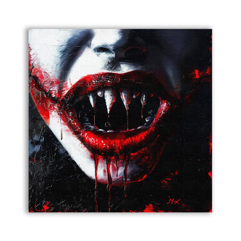 May include: A close-up of a vampire's mouth with sharp fangs and dripping blood. The lips are red and the teeth are white. The background is black and the image is painted in a dark and dramatic style.