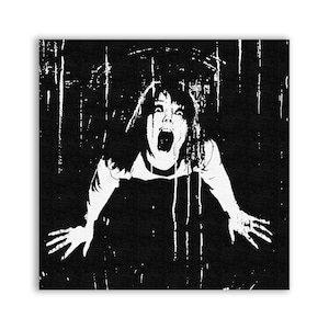 May include: Black and white illustration of a woman screaming with her mouth open. The woman is surrounded by black and white streaks, creating a sense of movement and chaos.