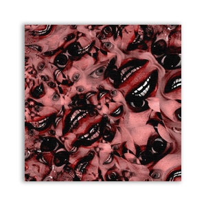 May include: A digital art print featuring a repeating pattern of red and black faces with exaggerated smiles and eyes. The faces are distorted and overlapping, creating a surreal and unsettling effect.