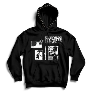 May include: Black hooded sweatshirt with a white graphic print of four images. The images are of a person in a field, a person in a building, a knife, and a forest.
