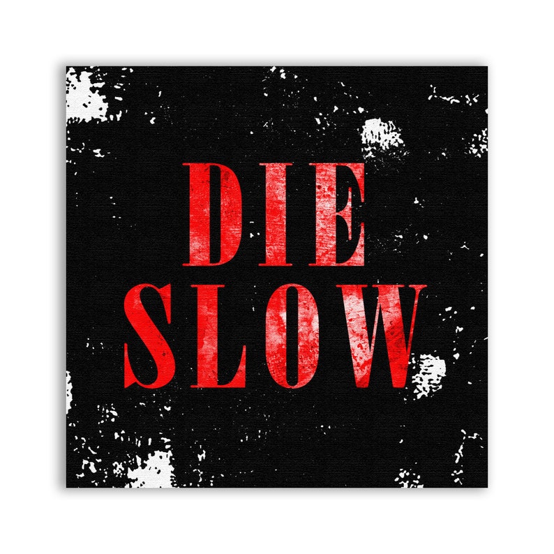 May include: Red text on a black background that reads "DIE SLOW".