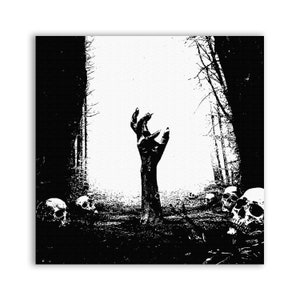 May include: A black and white illustration of a skeletal hand reaching up from the ground, surrounded by skulls in a dark forest setting.