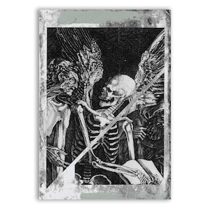 May include: A black and white illustration of a skeleton with wings, holding a book. The skeleton is looking at a person with a worried expression.
