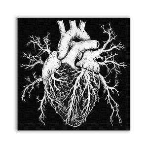 May include: A black and white illustration of a human heart with roots growing out of it. The heart is stylized and detailed, with veins and arteries visible. The roots are spreading out in all directions, creating a sense of growth and connection.