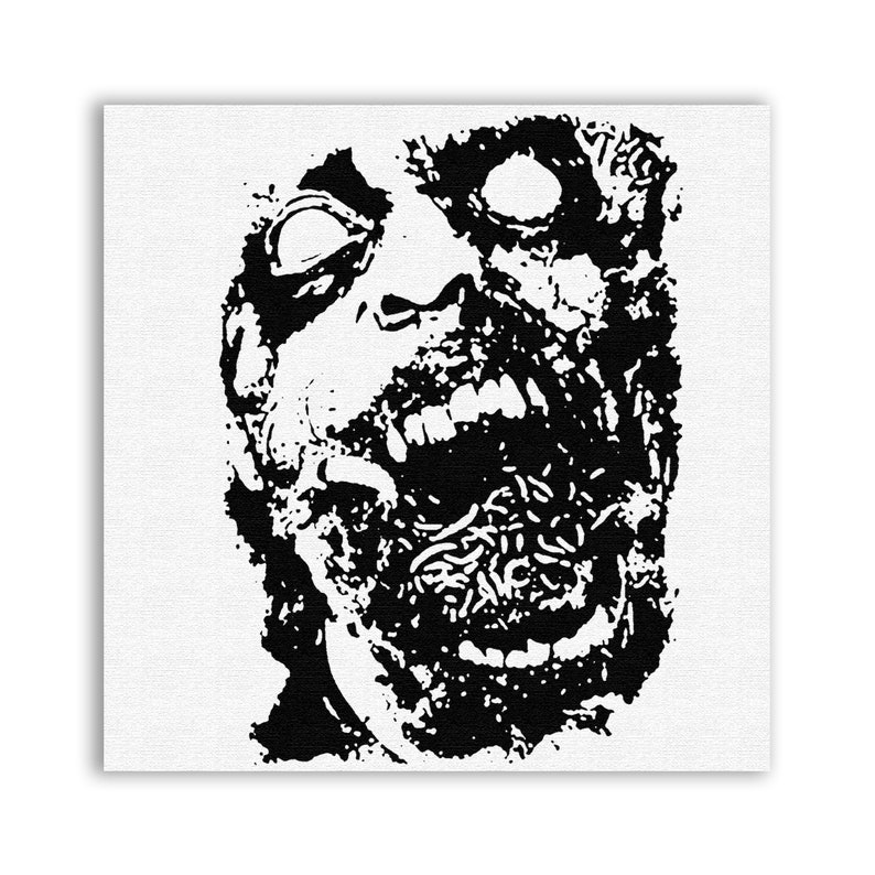 May include: Black and white illustration of a zombie's face with a wide open mouth and a single visible eye.