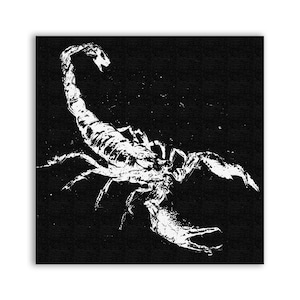 May include: A monochrome illustration of a scorpion. The scorpion is rendered in a detailed, artistic style, with its body and claws clearly visible against a dark backdrop. The artwork has a textured appearance.