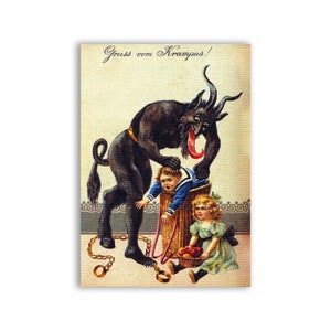 Könnte beinhalten: Vintage Postkarte mit Krampus, einer gehörnten Figur mit langer roter Zunge, die zwei Kinder bedroht. Die Kinder sind in einem Korb, und der Text "Gruss vom Krampus!" steht oben.