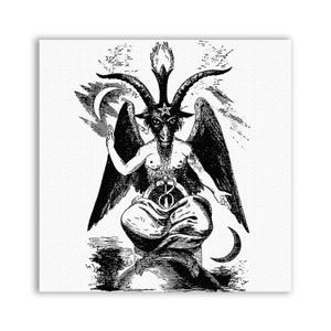 May include: A black and white illustration of a winged, horned figure with a pentagram on its forehead. The figure is sitting on a throne with a serpent wrapped around its waist. The figure is surrounded by flames and crescent moons.