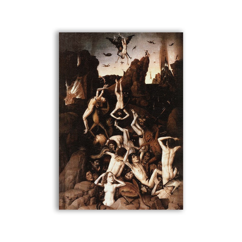 Op de afbeelding: Een schilderij dat een sc&egrave;ne van de hel afbeeldt met veel figuren die in een vurige afgrond vallen. De figuren zijn naakt en verdraaid, met uitdrukkingen van pijn en angst. Het schilderij is donker en dramatisch, met een gevoel van chaos en wanhoop.