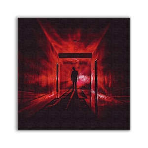 May include: A silhouette of a person standing in a dark hallway with red lighting. The walls and ceiling are a deep red, and the floor is a dark red.