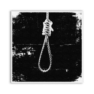 Può includere: Una corda bianca legata a un cappio pende su uno sfondo testurizzato in bianco e nero.