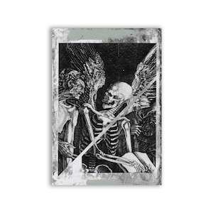 May include: Black and white illustration of a skeleton with wings, holding a book, and being greeted by a figure with wings.