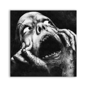 May include: A black and white image of a person's face with their mouth open in a scream. Their hands are raised to their face, and their eyes are wide with fear.