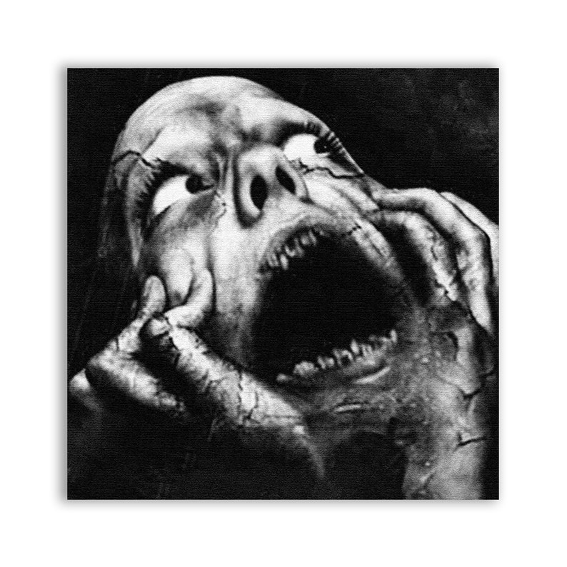 May include: A black and white image of a person's face with their mouth open in a scream. Their hands are raised to their face, and their eyes are wide with fear.