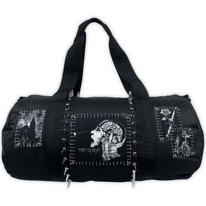 May include: Black duffel bag with silver spikes and patches. Patches feature a gothic castle, a human head with exposed brain, and a rose with a knife. The bag has two black handles.