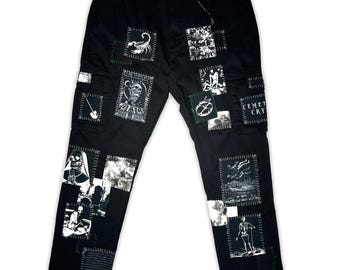 Custom Patchwork Ripped Punk Pants, Embroidered Cyber Goth Style