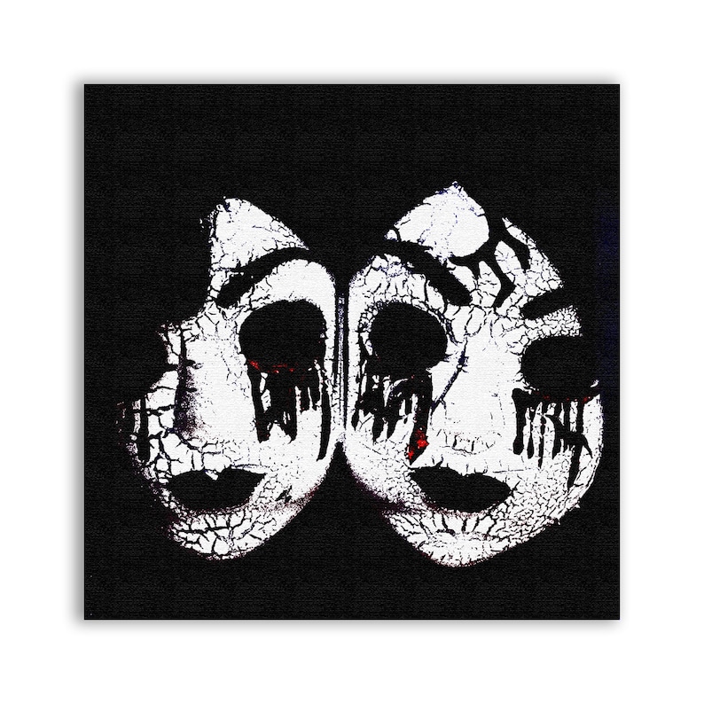 May include: Two white masks with cracked paint and black eyes, set against a black background. The masks are facing each other, and each has red paint dripping from the eyes.