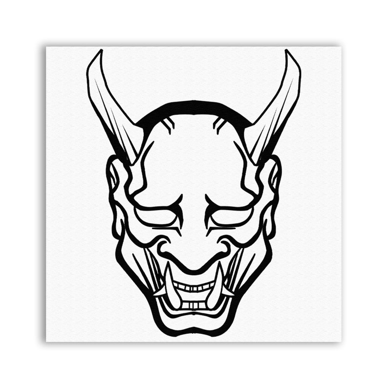 May include: A black and white line drawing of a Japanese Oni mask with horns and a fierce expression.