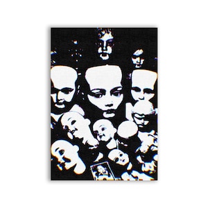 May include: A black and white digital art print of a cluster of faces. The faces are all different shapes and sizes, and they are all looking in different directions. The faces are all very detailed, and they are all very expressive.