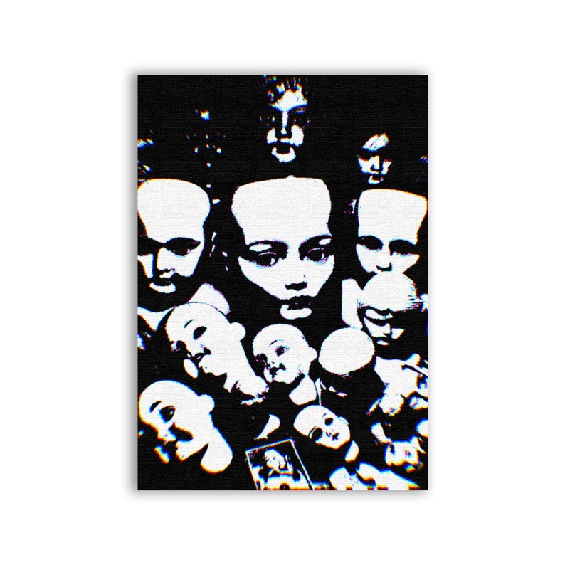 May include: A black and white digital art print depicting a cluster of faces. The faces are all of different shapes and sizes, and they are all looking in different directions. The faces are all very detailed, and they are all very expressive.