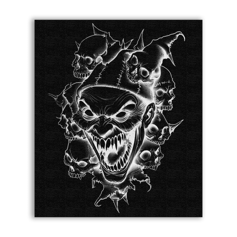 May include: A monochrome illustration featuring a sinister jester's face with a large, sharp-toothed smile, encircled by skulls. The jester's hat has spikes, and the artwork has a dark, gothic style.