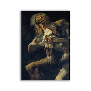 May include: A painting depicting a grotesque figure with a long white beard, holding a small, nude figure in its hands. The figure's mouth is open, revealing a bloody cavity. The painting is dark and ominous, with a sense of horror and despair.