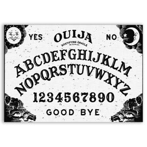 May include: A black and white Ouija board with the letters A through Z, numbers 0 through 9, and the words "YES", "NO", "GOOD BYE", and "OUIJA MYSTIFYING ORACLE".