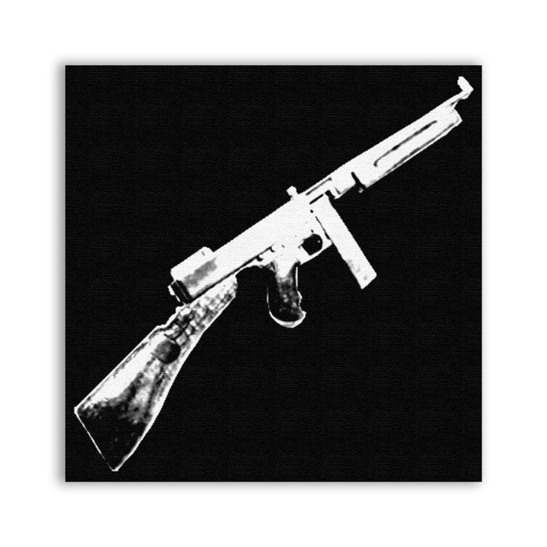 May include: A black and white image of a submachine gun on a black background.