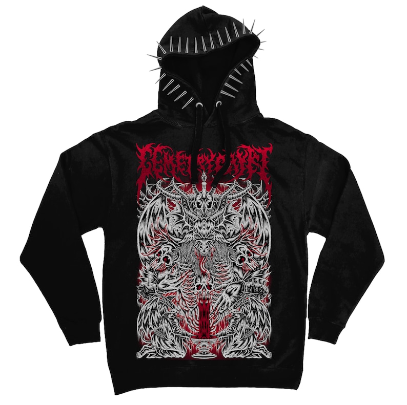 May include: Black hooded sweatshirt with a graphic print of a demonic figure with wings and a crown. The text "Beneath the Veil" is printed in red above the figure.