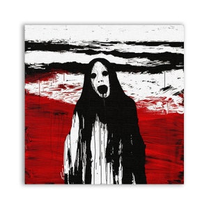 May include: A black and white illustration of a ghostly figure with a long, flowing robe and a screaming face. The figure is set against a red and white background.