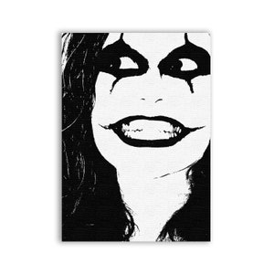 May include: Black and white illustration of a person with dark hair and a wide smile. The person is wearing black makeup around their eyes and mouth.