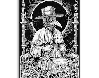 May include: Black and white illustration of a plague doctor in a hat and mask, holding a cane and satchel. Skulls and skeletons are at the bottom of the image, with candles and birds in the background. The artwork has a gothic theme.