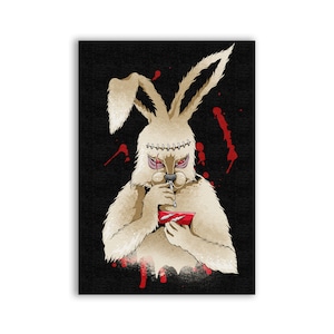 Pode incluir: Um coelho branco com a pele costurada e olhos vermelhos está segurando uma tigela vermelha e um canudo, com respingos vermelhos em um fundo preto.