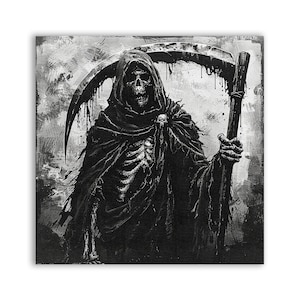 May include: A black and white illustration of the Grim Reaper, a skeletal figure in a hooded robe, holding a scythe. The background is a textured, grey canvas.