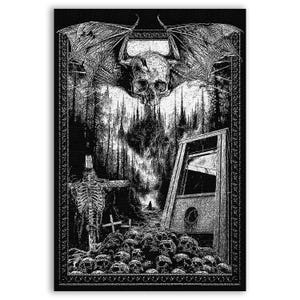 May include: Black and white gothic art print depicting a skull with bat wings above a forest scene. A guillotine, skeleton, and pile of skulls are also shown. The artwork is framed with a decorative border.