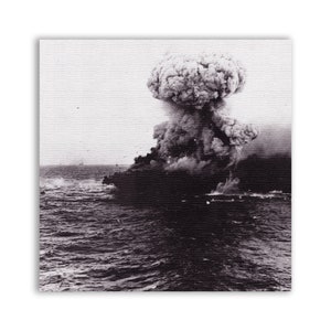 May include: A black and white photograph of a large explosion in the ocean. A ship is visible in the foreground, with a large plume of smoke rising above it.