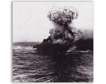 May include: A black and white photograph of a large explosion in the ocean. A ship is visible in the foreground, with a large plume of smoke rising above it.