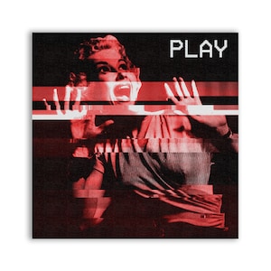 May include: A woman with a distressed expression screams with her hands raised in front of her. The background is red and black with the word "PLAY" in white pixelated letters.