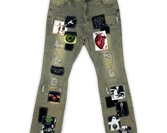 Custom Patchwork Ripped Punk Pants, Embroidered Cyber Goth Style