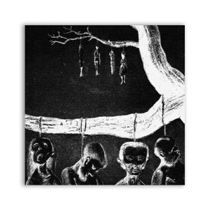 May include: A black and white illustration depicting a tree with several figures hanging from its branches. The figures are drawn in a stylised, almost skeletal, manner. The image has a dark and unsettling tone.