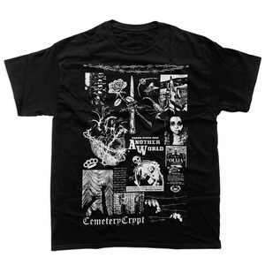 May include: Black t-shirt with a white graphic print of a collage of images including a heart, a knife, a skull, a rose, a spider, a hand, a woman's face, and the text "Strange Stories from Another World" and "Cemetery Crypt".