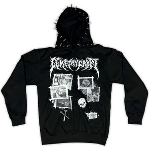 May include: Black zip-up hoodie with a spiked hood. The front features a white graphic design with the word "Cerebralist" and various images, including a skull and brain diagrams. The hoodie has long sleeves.