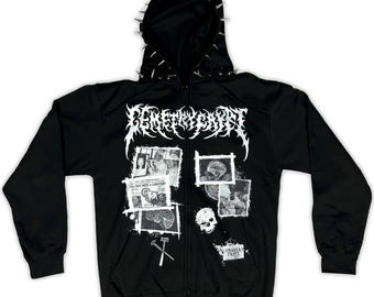 May include: Black zip-up hoodie with a spiked hood. The front features a white graphic design with the word "Cerebralist" and various images, including a skull and brain diagrams. The hoodie has long sleeves.