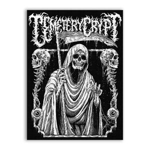 May include: Black and white illustration featuring a hooded Grim Reaper figure holding a scythe, with the text "CEMETERY CRYPT" at the top. Two skeletal figures flank the central image, with cobwebs and decorative elements.
