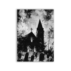 May include: A black and white image of a church with a spire and a cross on top. The church is surrounded by a graveyard with tombstones. The image has a grainy, vintage look.