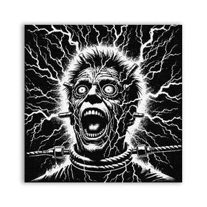 May include: Black and white illustration of a screaming monster with electrical wires attached to its head. The monster is surrounded by lightning bolts.
